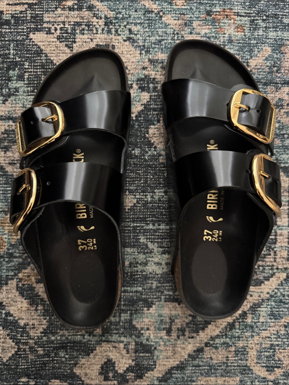 Birkenstock Women’s Black Two-Strap Sandals with Gold Buckles